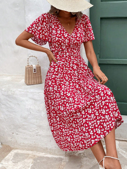 Frenchy V-Neck Floral Print Short Sleeve Ruffle Hem Dress Beach Holiday Dress Floral Dress Summer Dress Christmas New Year Red Vacation Flower Resort