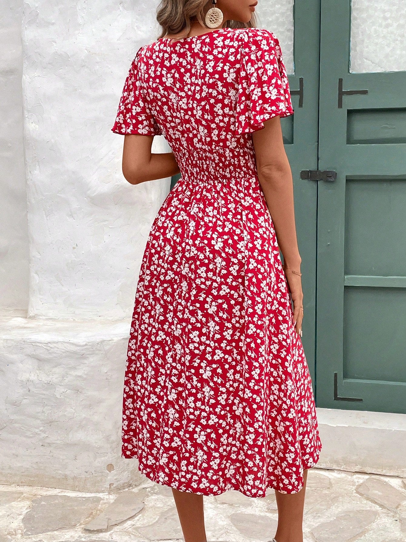 Frenchy V-Neck Floral Print Short Sleeve Ruffle Hem Dress Beach Holiday Dress Floral Dress Summer Dress Christmas New Year Red Vacation Flower Resort