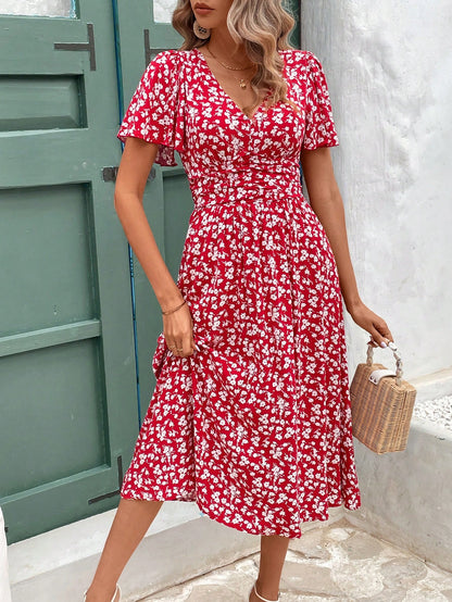 Frenchy V-Neck Floral Print Short Sleeve Ruffle Hem Dress Beach Holiday Dress Floral Dress Summer Dress Christmas New Year Red Vacation Flower Resort
