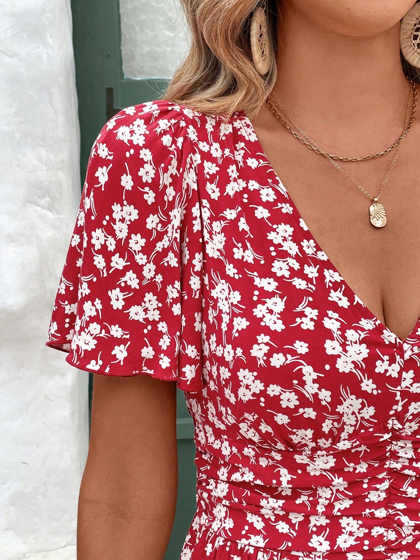 Frenchy V-Neck Floral Print Short Sleeve Ruffle Hem Dress Beach Holiday Dress Floral Dress Summer Dress Christmas New Year Red Vacation Flower Resort