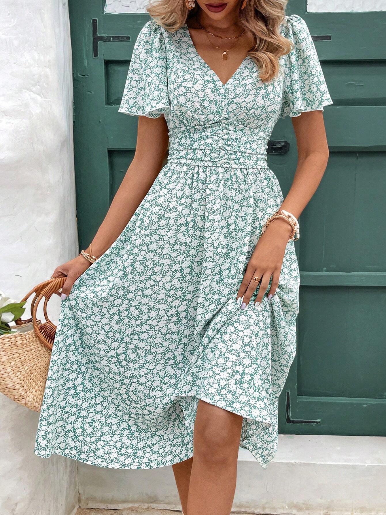 Frenchy V-Neck Floral Print Short Sleeve Ruffle Hem Dress Beach Holiday Dress Floral Dress Summer Dress Christmas New Year Red Vacation Flower Resort