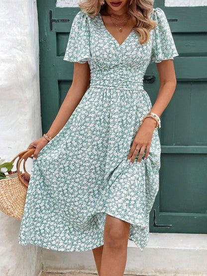 Frenchy V-Neck Floral Print Short Sleeve Ruffle Hem Dress Beach Holiday Dress Floral Dress Summer Dress Christmas New Year Red Vacation Flower Resort