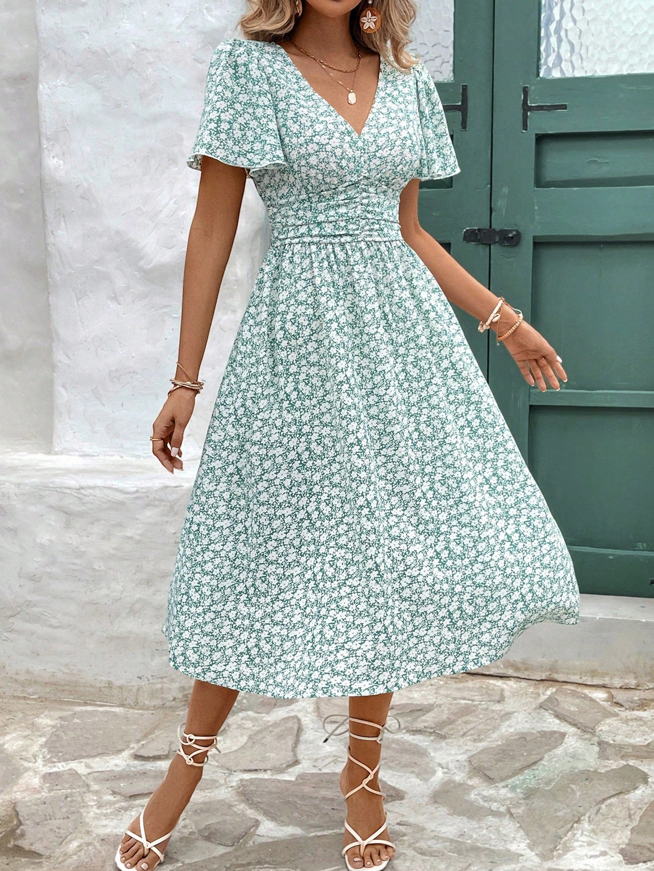 Frenchy V-Neck Floral Print Short Sleeve Ruffle Hem Dress Beach Holiday Dress Floral Dress Summer Dress Christmas New Year Red Vacation Flower Resort