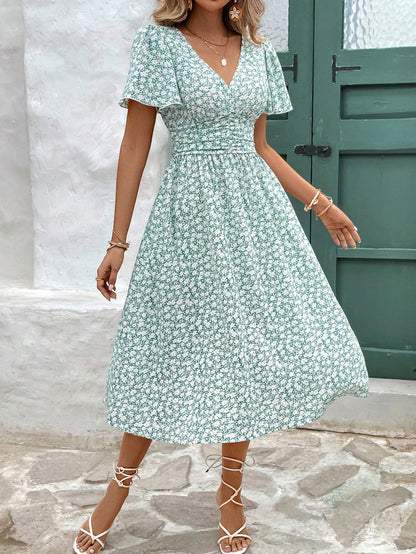 Frenchy V-Neck Floral Print Short Sleeve Ruffle Hem Dress Beach Holiday Dress Floral Dress Summer Dress Christmas New Year Red Vacation Flower Resort