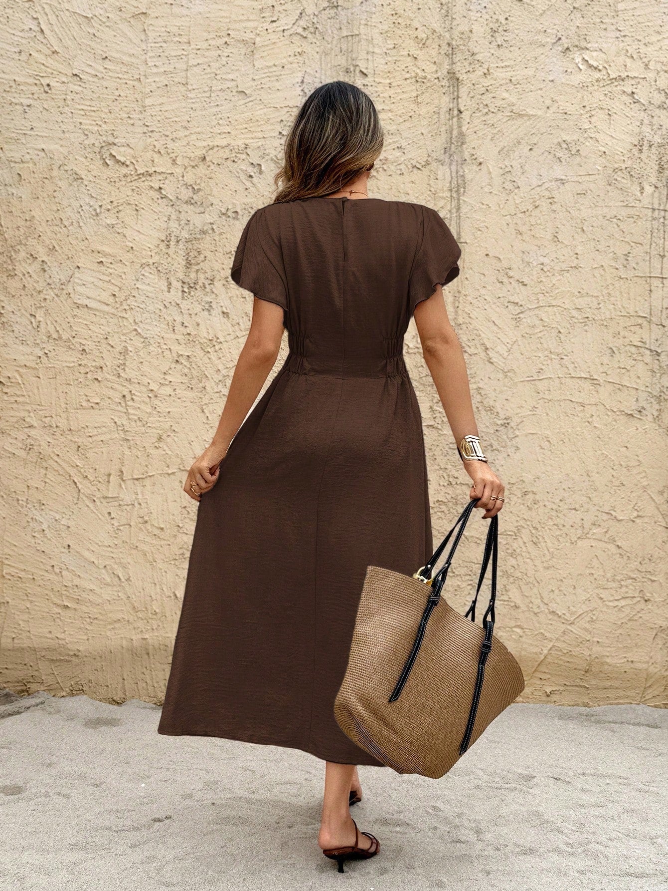 Frenchy Women's Casual Solid Color Waist Cinched Mid-Length Dress Brown Summer Casual Brown Beach