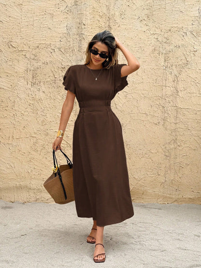 Frenchy Women's Casual Solid Color Waist Cinched Mid-Length Dress Brown Summer Casual Brown Beach