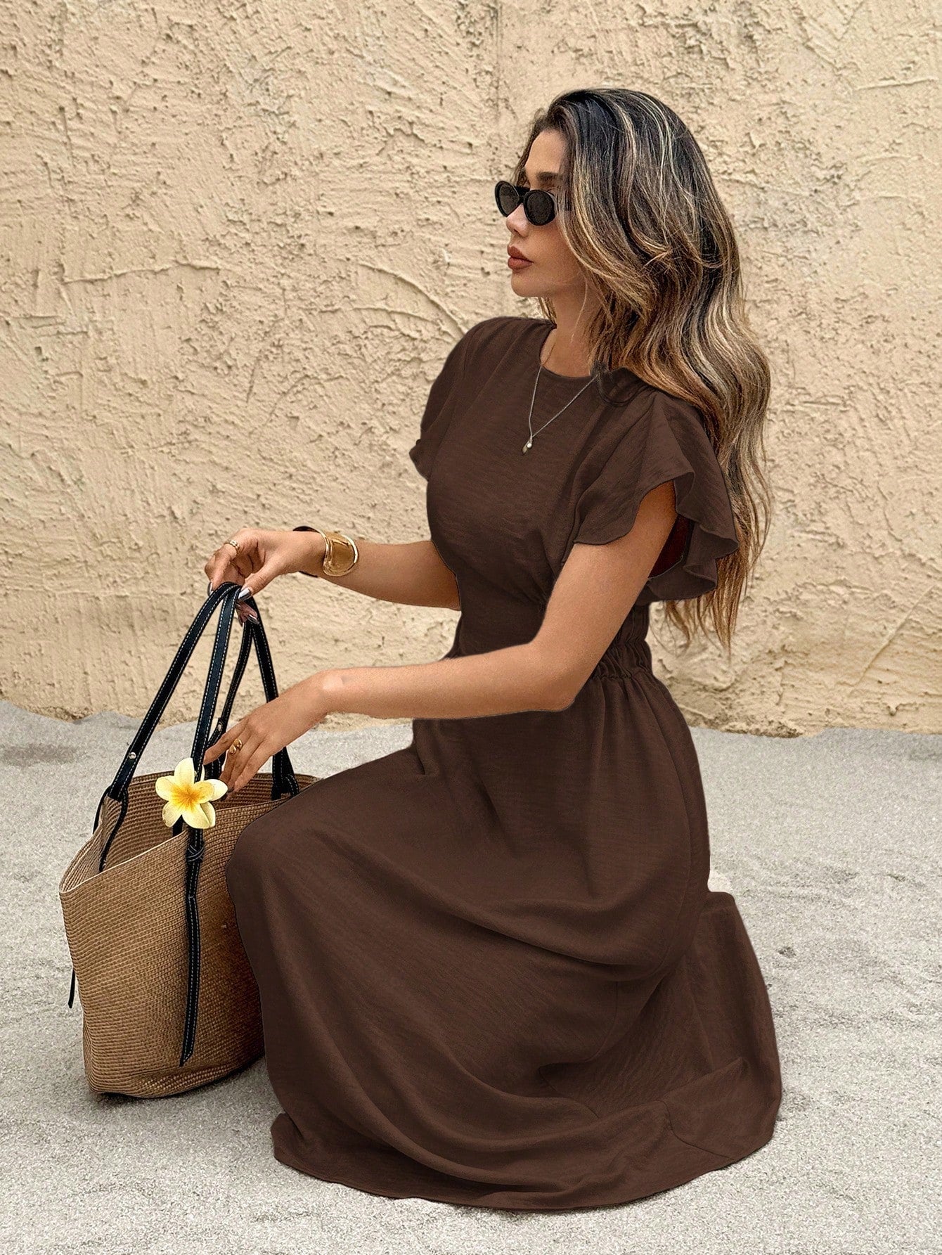Frenchy Women's Casual Solid Color Waist Cinched Mid-Length Dress Brown Summer Casual Brown Beach