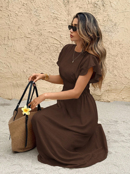 Frenchy Women's Casual Solid Color Waist Cinched Mid-Length Dress Brown Summer Casual Brown Beach