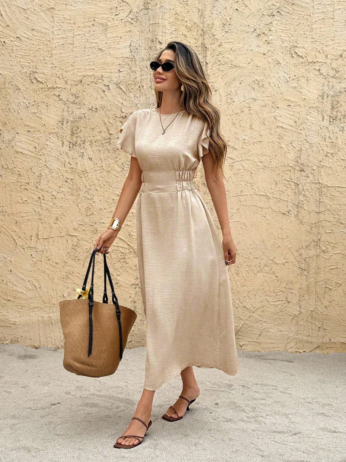 Frenchy Women's Casual Solid Color Waist Cinched Mid-Length Dress Brown Summer Casual Brown Beach