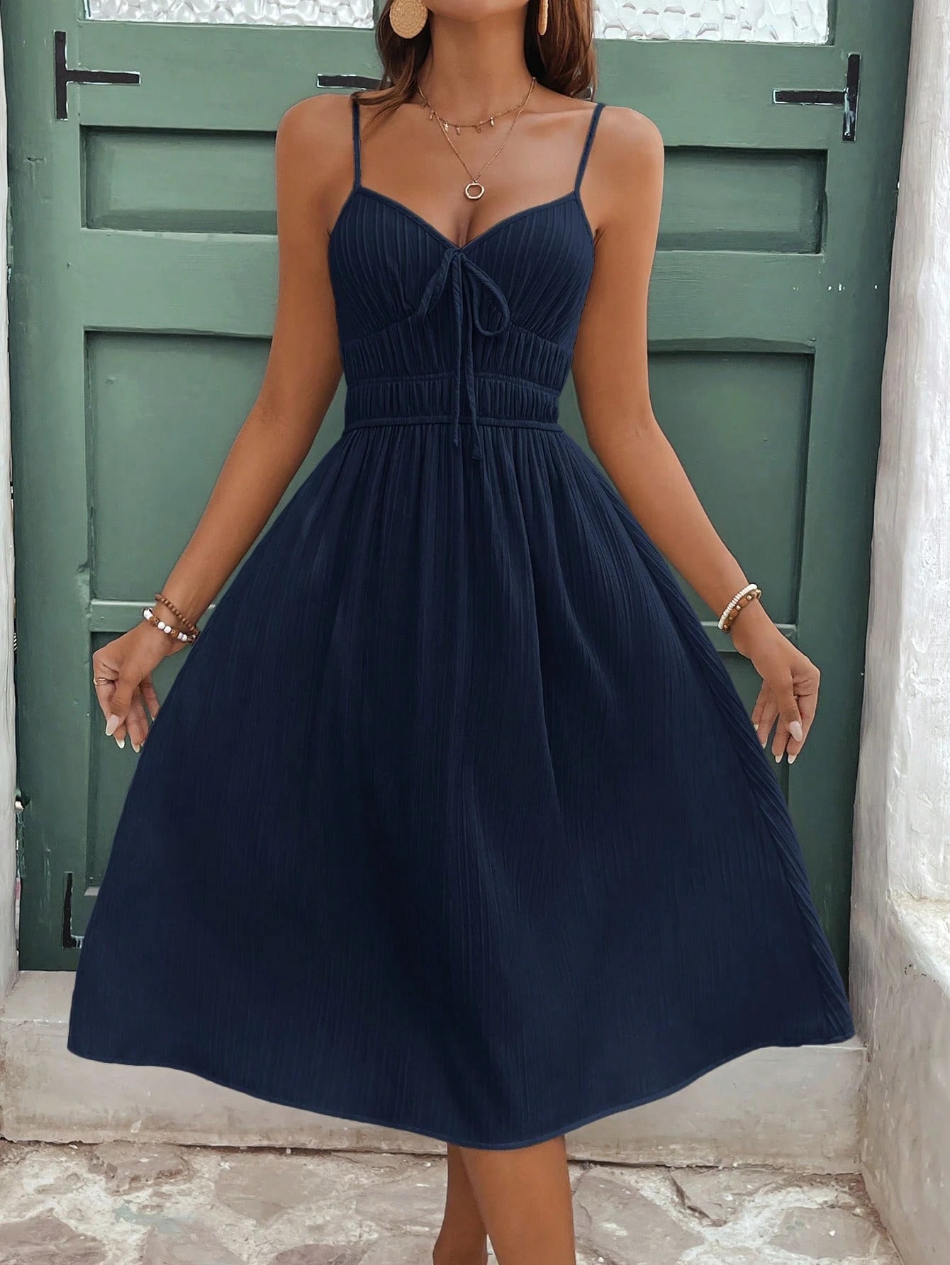 Frenchy Women's Navy Blue Crepe Spaghetti Strap Dress,Elegant Summer Casual Long A-Line Halter Sun Dress,Holiday Vacation Mid-Length Milkmaid Beach Resort