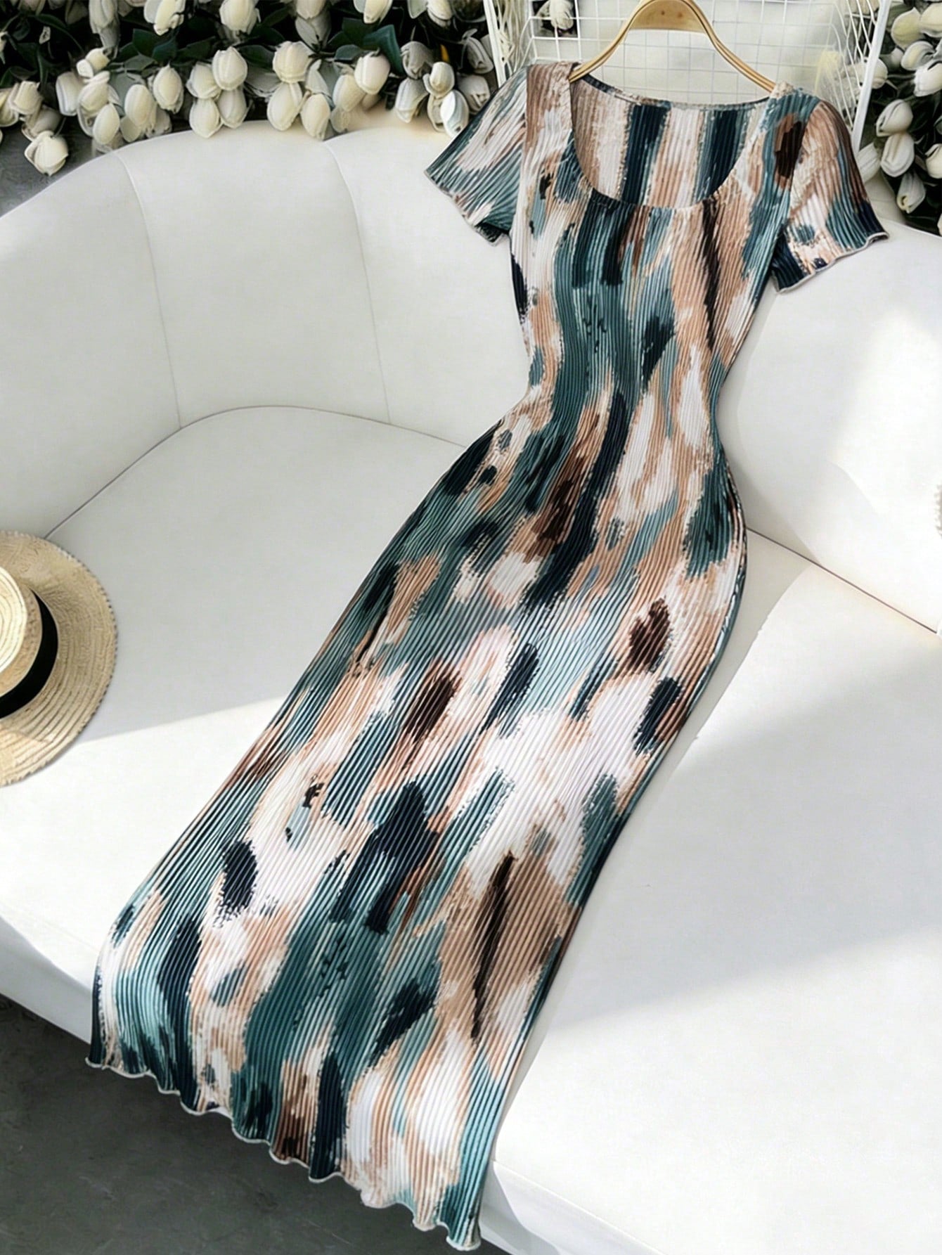 Frievida Frievida Women's Tie-Dye Printed Square Neck Straight Shoulder Elegant Dress Maxi Women Outfit