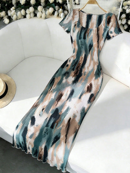Frievida Frievida Women's Tie-Dye Printed Square Neck Straight Shoulder Elegant Dress Maxi Women Outfit