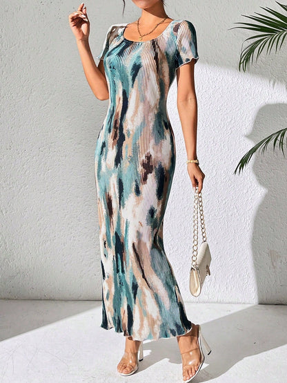 Frievida Frievida Women's Tie-Dye Printed Square Neck Straight Shoulder Elegant Dress Maxi Women Outfit