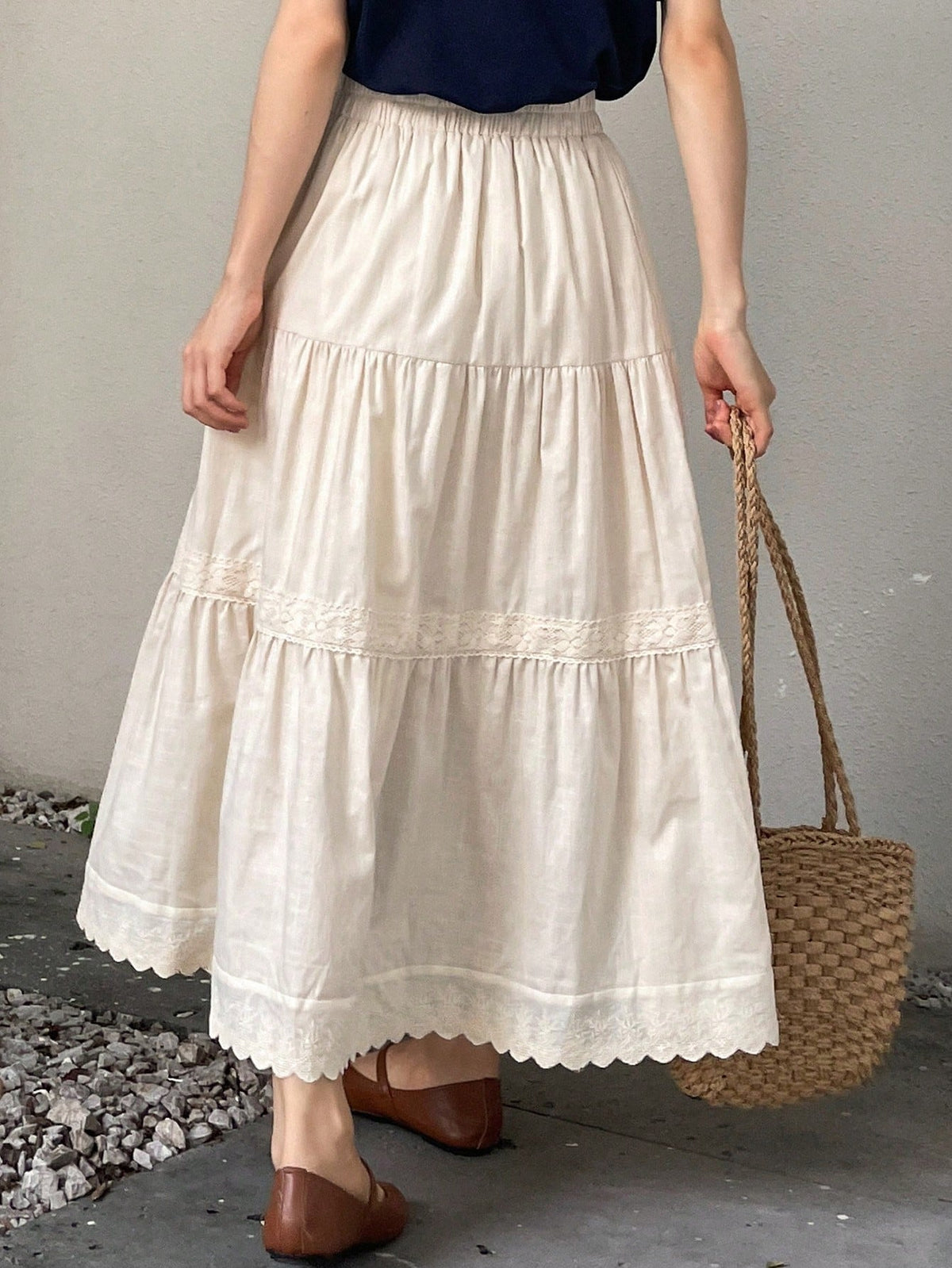 FRIFUL Solid Ruffle Hem Skirt