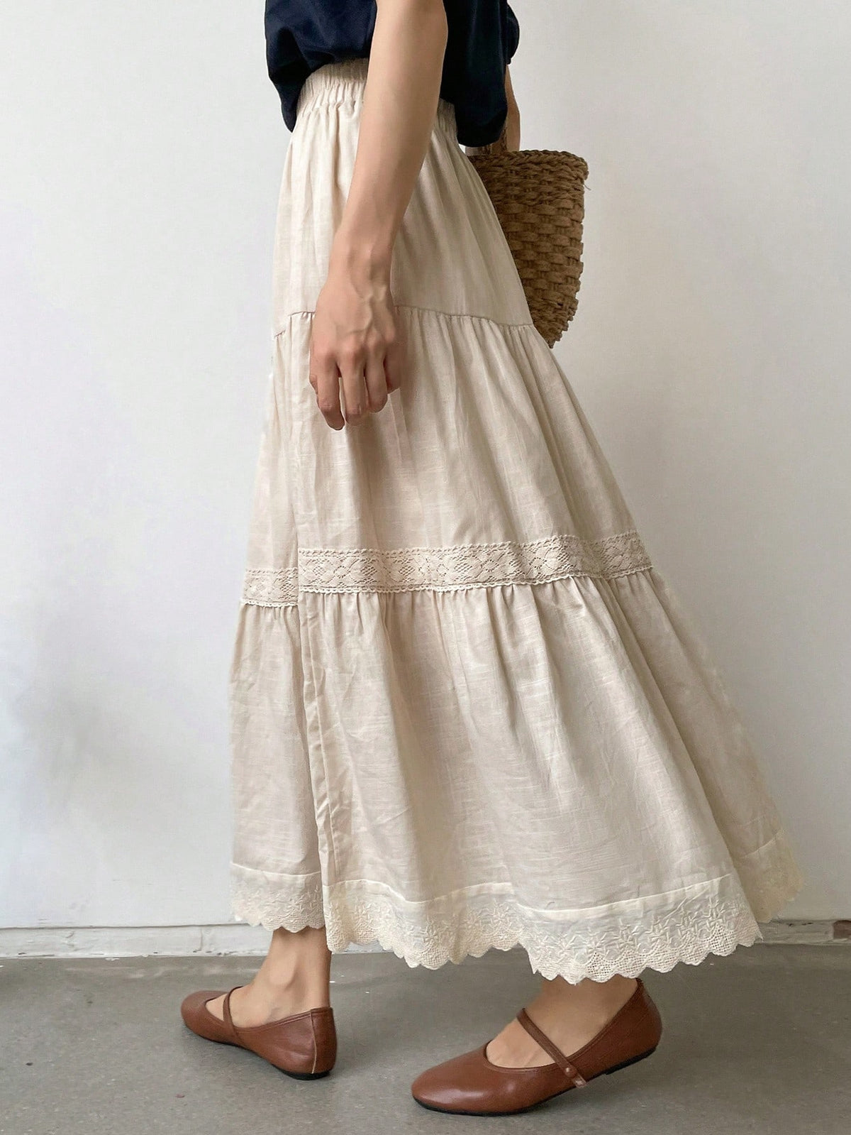 FRIFUL Solid Ruffle Hem Skirt