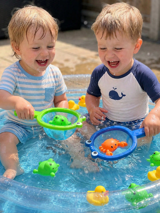 Frog Duck Crab Mesh Fishing Bath Toy Set, Floating Rubber Animal Water Toys, Suitable For Bathtub, Pool, Beach, Pool Toys, Bath Toys, Garden Toys, Outdoor Games