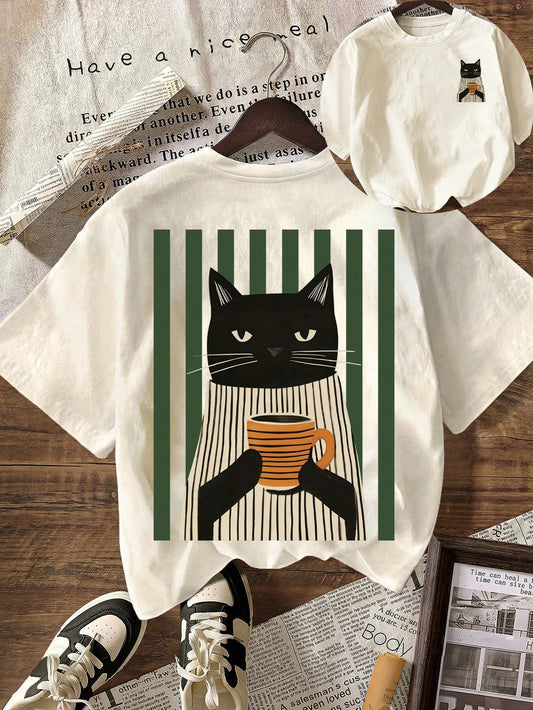 Funny Cat Drinking Coffee Green Striped Graphic T-Shirt Summer Clothes For Women Vacation Outfits, Women's Casual Round Neck Short Sleeve T-Shirt Solid Color Minimalist Fashion Suitable For Summer, Pl