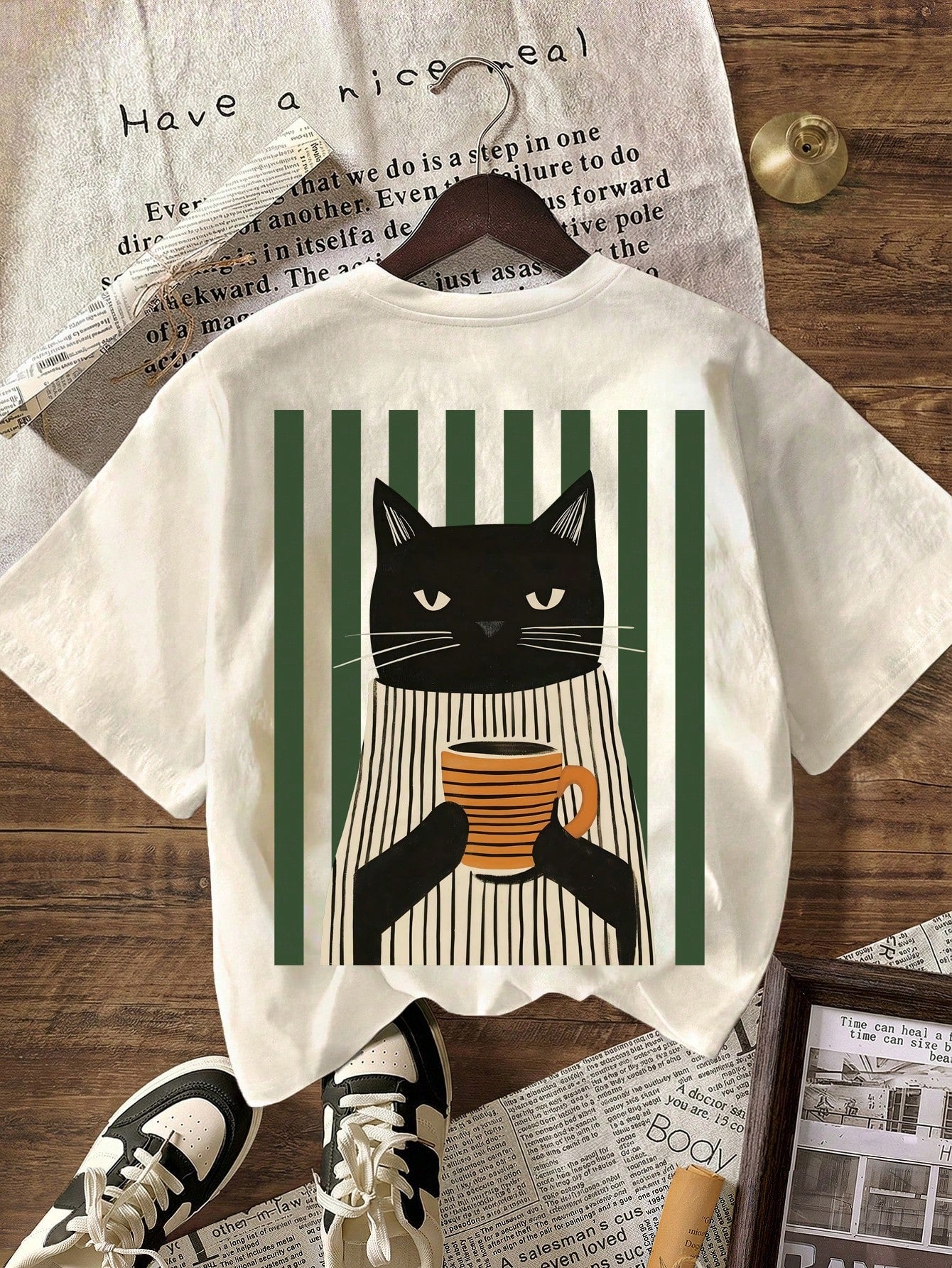 Funny Cat Drinking Coffee Green Striped Graphic T-Shirt Summer Clothes For Women Vacation Outfits, Women's Casual Round Neck Short Sleeve T-Shirt Solid Color Minimalist Fashion Suitable For Summer, Pl