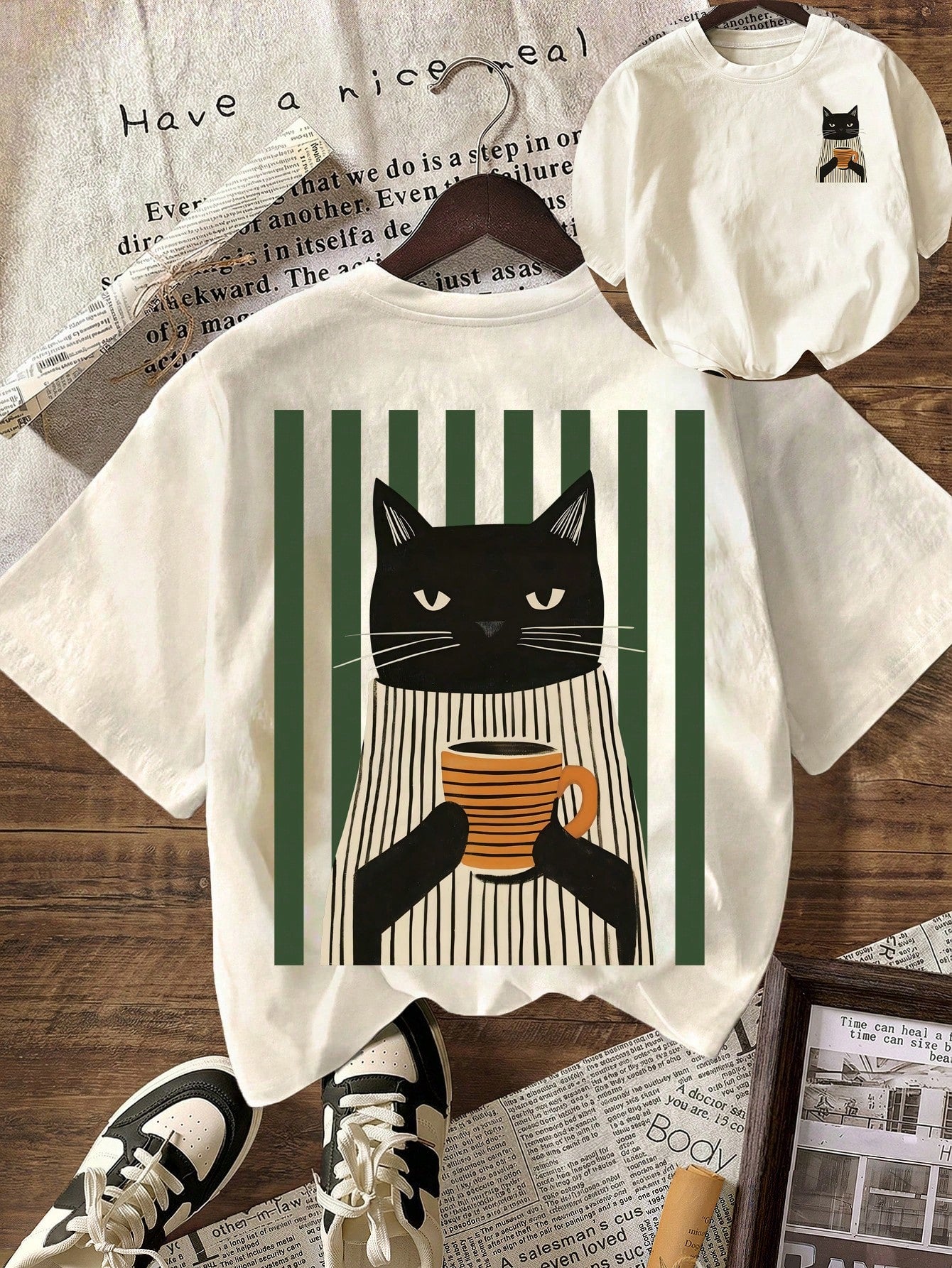 Funny Cat Drinking Coffee Green Striped Graphic T-Shirt Summer Clothes For Women Vacation Outfits, Women's Casual Round Neck Short Sleeve T-Shirt Solid Color Minimalist Fashion Suitable For Summer, Pl