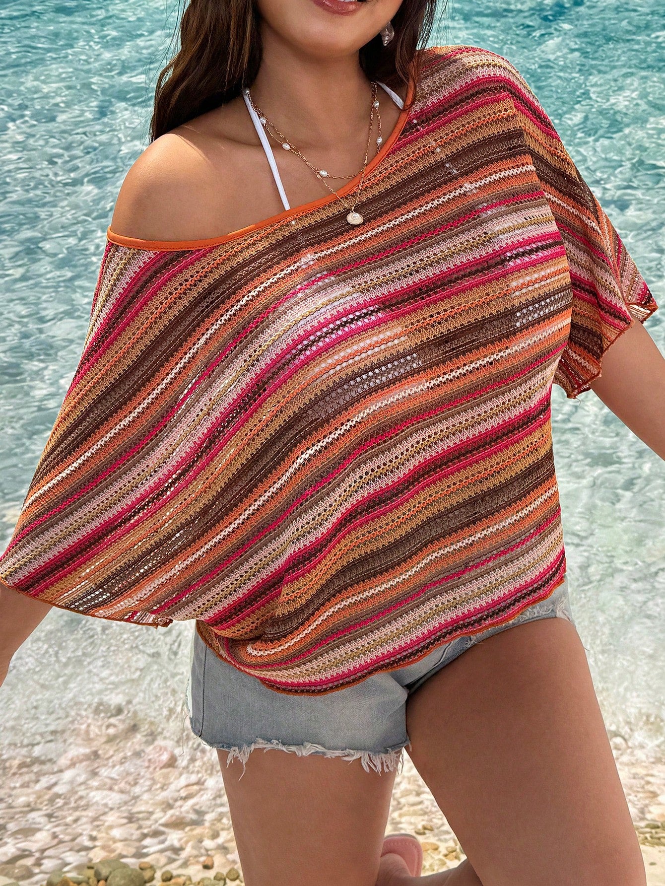 GalTyme Bohemian Colorful Striped Asymmetric Neck Off-Shoulder Short Sleeve Plus Size T-Shirt, Spring/Summer Beach Cover Up Top Summer Tops For Beach