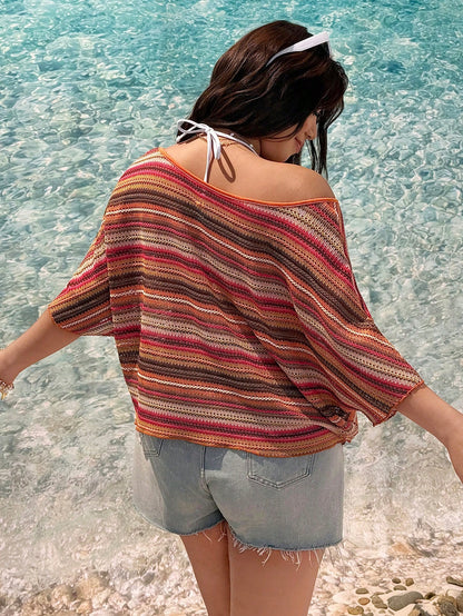 GalTyme Bohemian Colorful Striped Asymmetric Neck Off-Shoulder Short Sleeve Plus Size T-Shirt, Spring/Summer Beach Cover Up Top Summer Tops For Beach