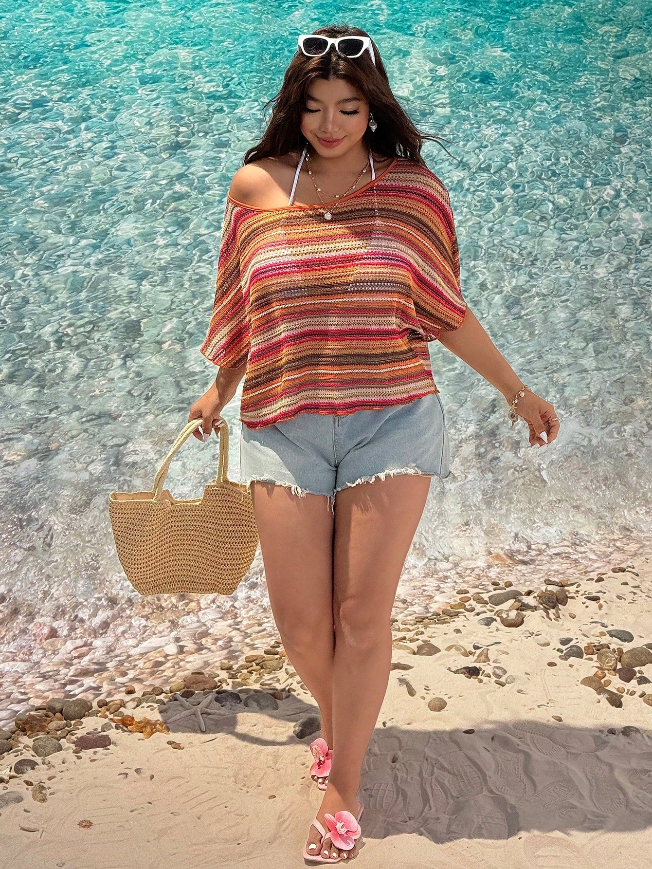 GalTyme Bohemian Colorful Striped Asymmetric Neck Off-Shoulder Short Sleeve Plus Size T-Shirt, Spring/Summer Beach Cover Up Top Summer Tops For Beach
