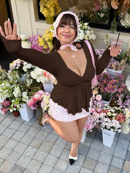 GalTyme Chocolate Brown Plus Size Women Asymmetric Ruffle Hem Long Sleeve Fashion T-Shirt Date Night Autumn Sexy Elegant Fall Date Night Evening