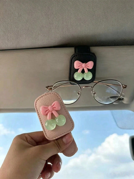 Gentle Girl Style Cherry Bow Car Glasses Clip, Leather Anti-Slip Sun Visor Glasses Holder, Sweet Cherry Bow Car Glasses Clip, Car Sun Visor Multi-Function Ticket Holder