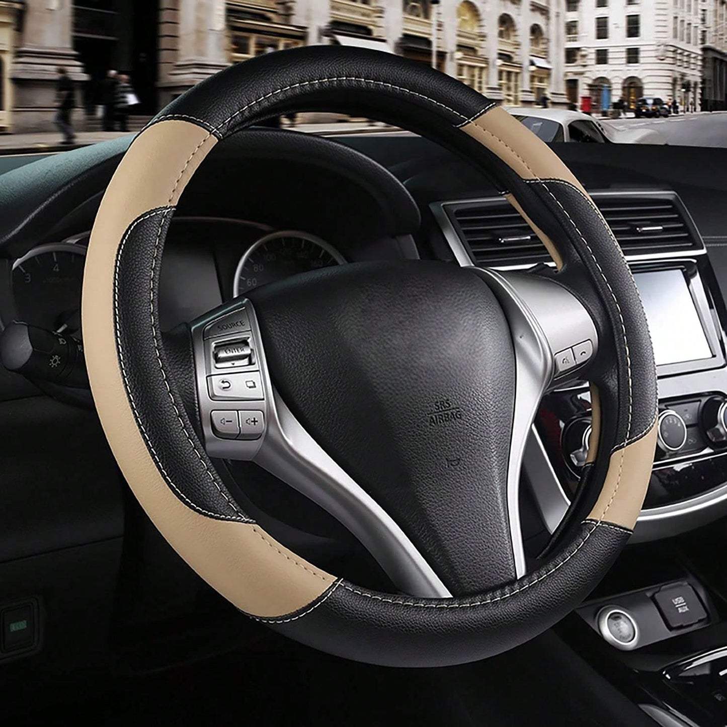 Genuine Leather Car Steering Wheel Cover, Anti-Slip Breathable Steering Wheel Protector, Universal Fit For Most Vehicles