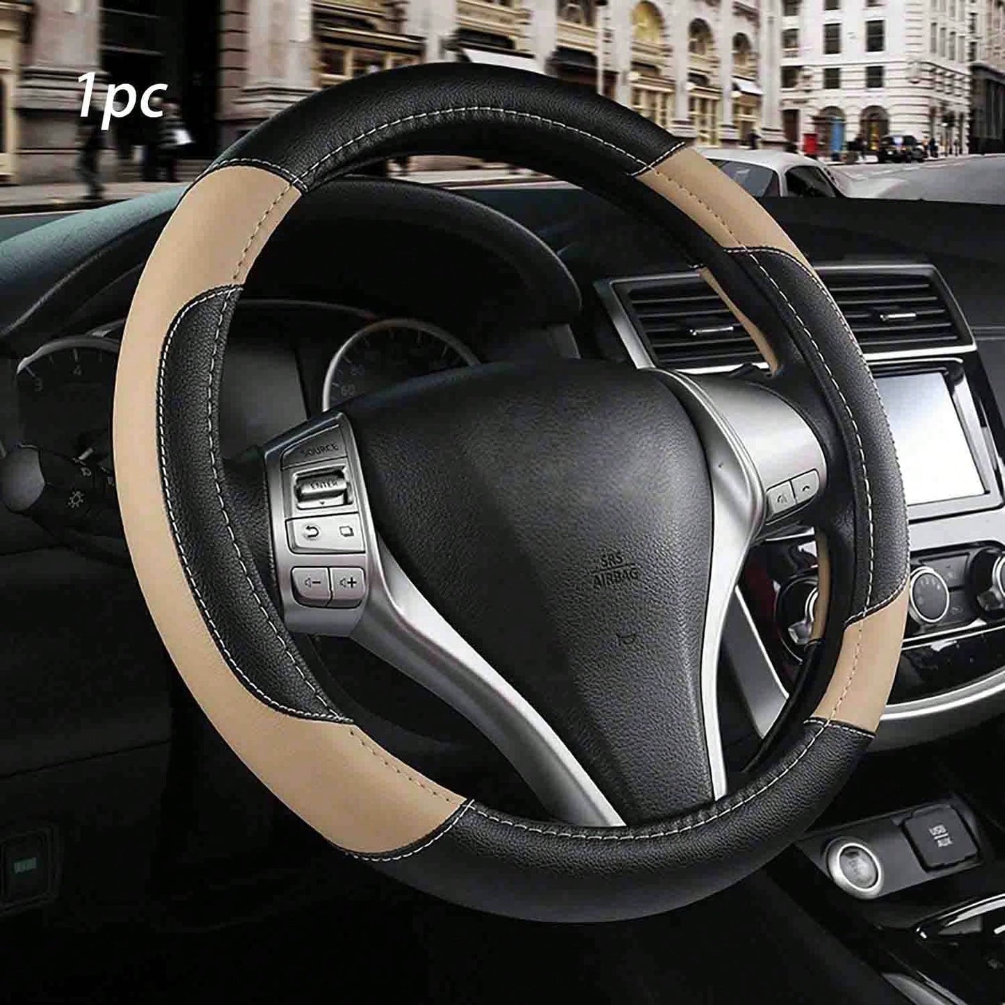 Genuine Leather Car Steering Wheel Cover, Anti-Slip Breathable Steering Wheel Protector, Universal Fit For Most Vehicles