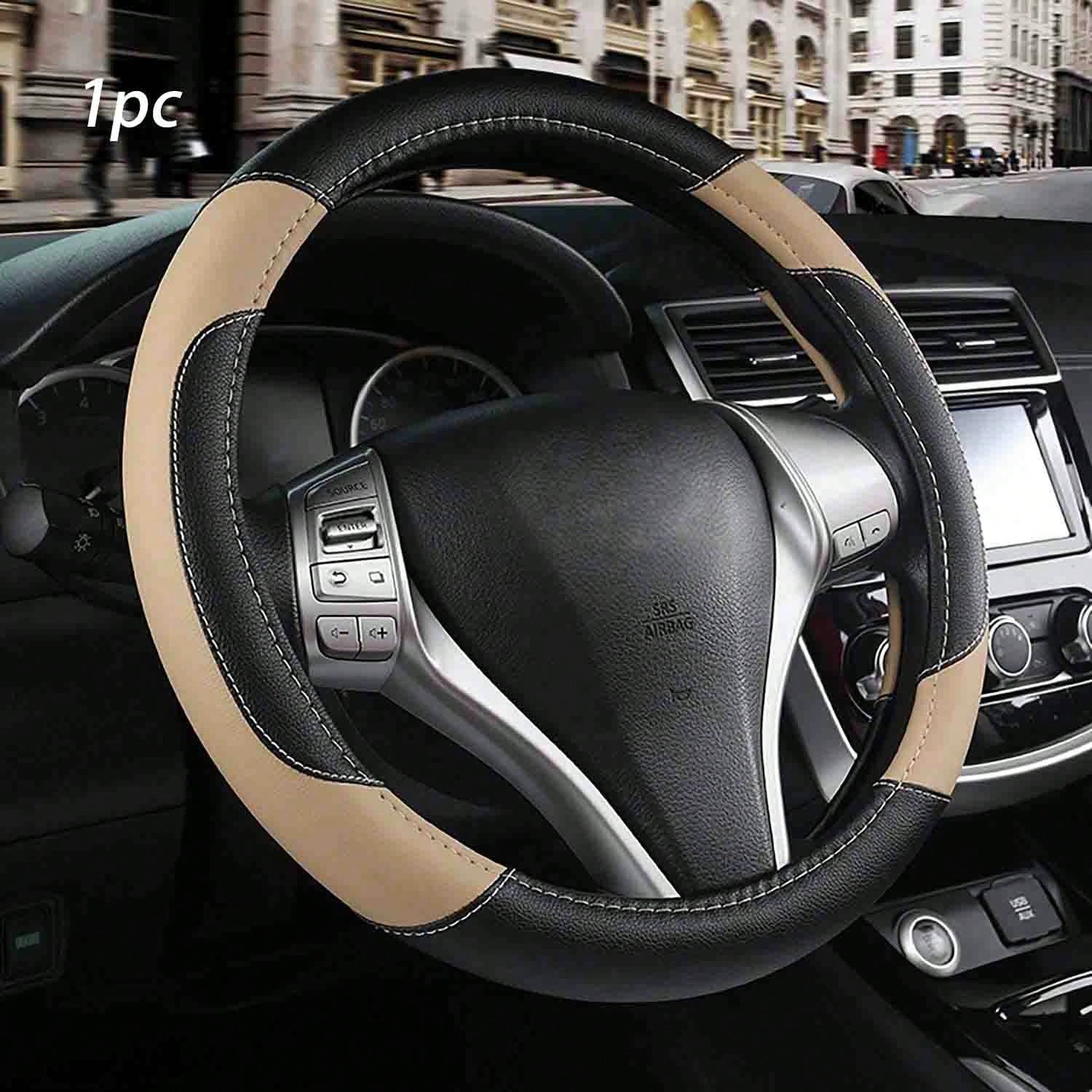 Genuine Leather Car Steering Wheel Cover, Anti-Slip Breathable Steering Wheel Protector, Universal Fit For Most Vehicles