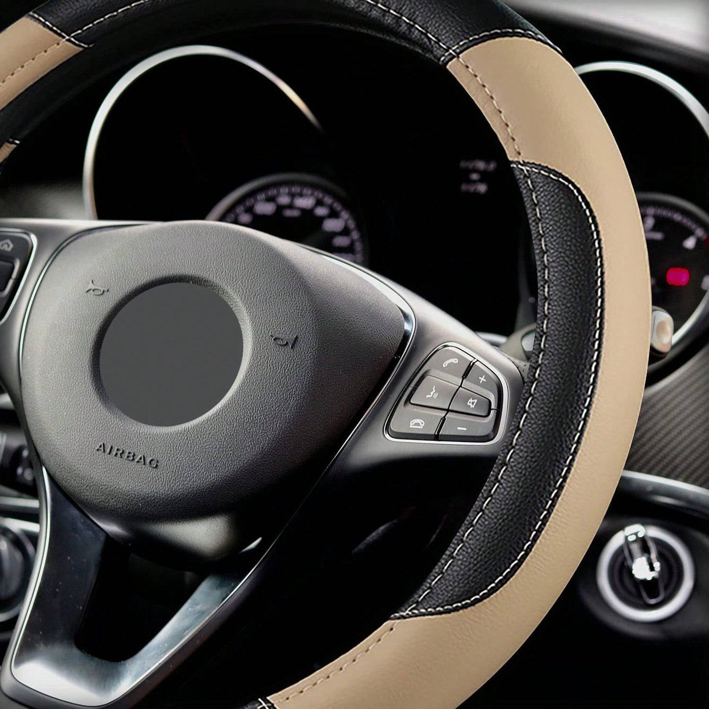 Genuine Leather Car Steering Wheel Cover, Anti-Slip Breathable Steering Wheel Protector, Universal Fit For Most Vehicles