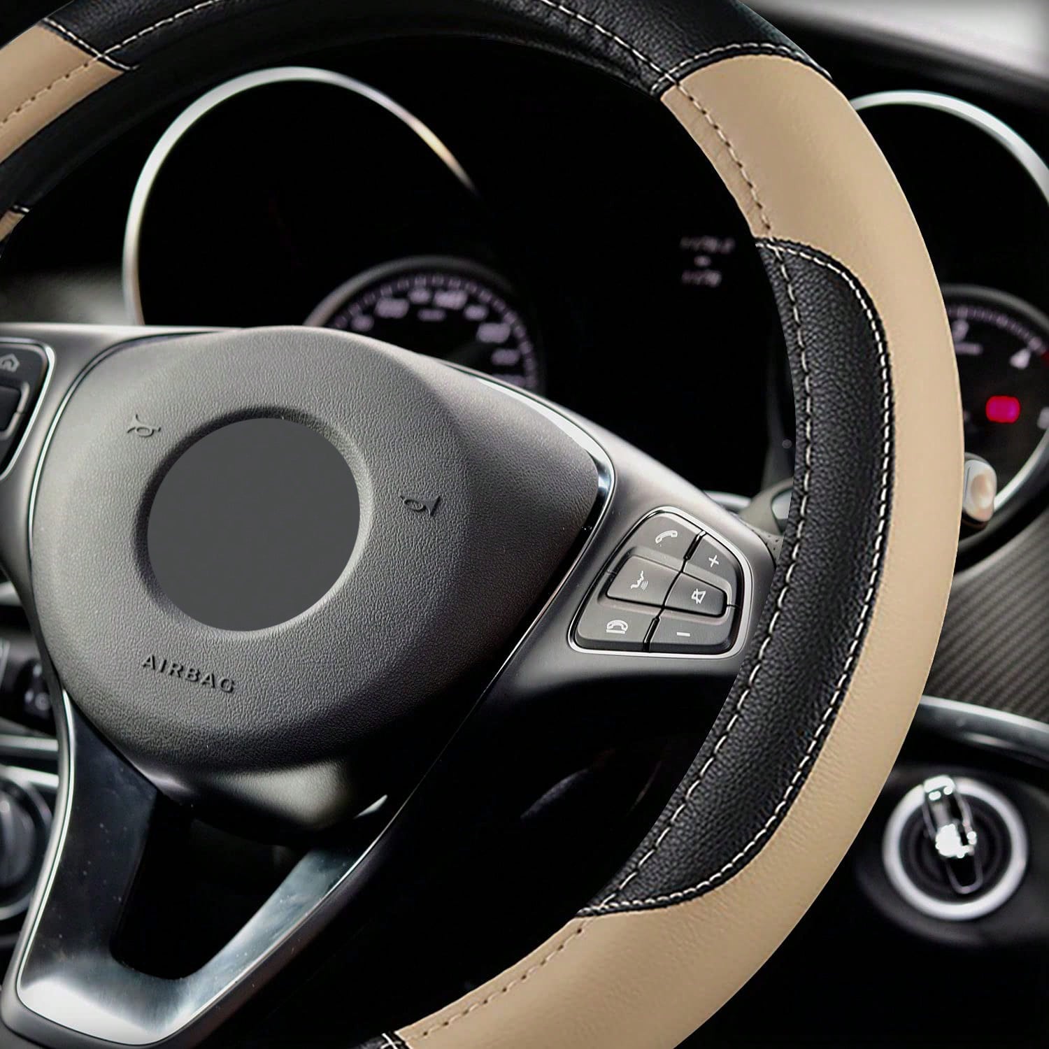 Genuine Leather Car Steering Wheel Cover, Anti-Slip Breathable Steering Wheel Protector, Universal Fit For Most Vehicles