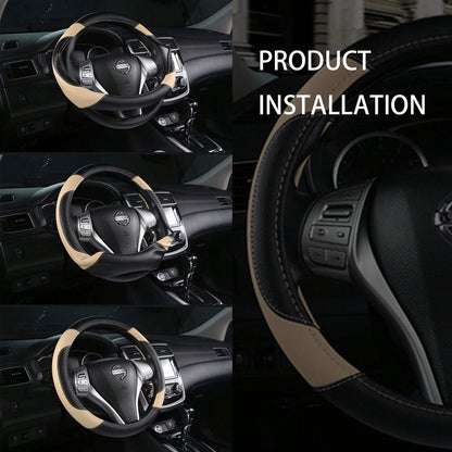 Genuine Leather Car Steering Wheel Cover, Anti-Slip Breathable Steering Wheel Protector, Universal Fit For Most Vehicles