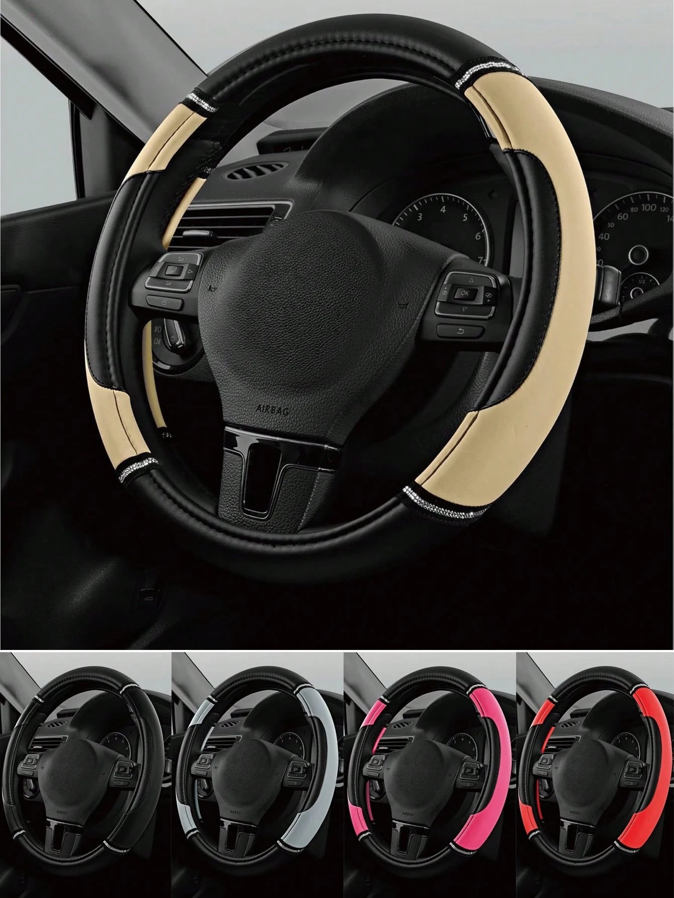 Genuine Leather Car Steering Wheel Cover, Anti-Slip Breathable Steering Wheel Protector, Universal Fit For Most Vehicles