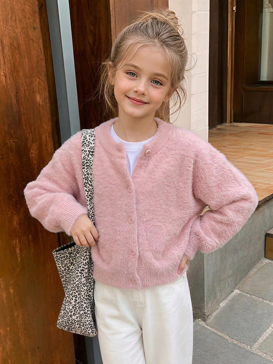 Girls' Elegant Solid Color Cardigan Sweater, Short Style, Suitable For Casual, Vacation, Spring, Autumn, Winter