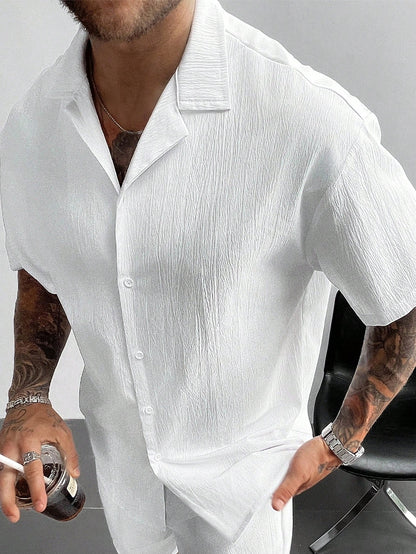 GloMan Old Money Style Men's Cuban Collar Linen Short Sleeve Shirt, Loose Casual Comfortable Beach Shirt, Suitable For Men's Vacation, Summer/Autumn, Father/Husband
