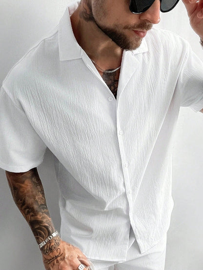 GloMan Old Money Style Men's Cuban Collar Linen Short Sleeve Shirt, Loose Casual Comfortable Beach Shirt, Suitable For Men's Vacation, Summer/Autumn, Father/Husband