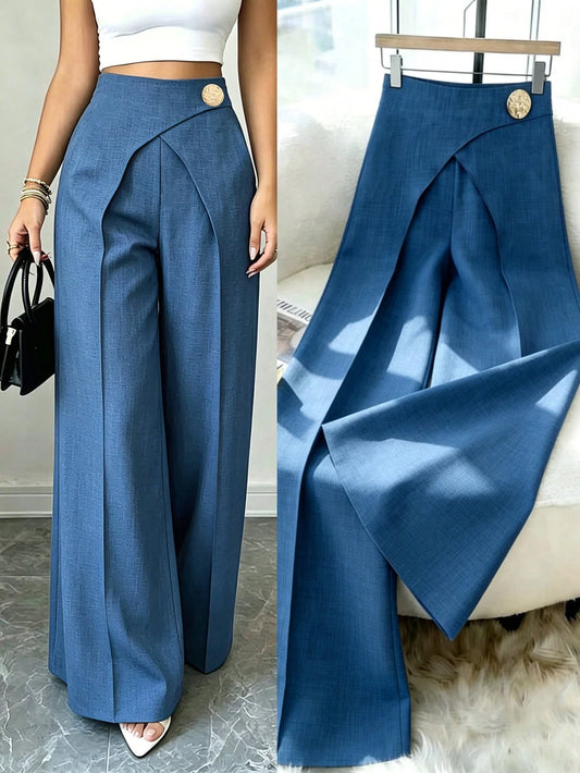 GlowEve Women's Dark Blue Summer Elegant Office Pants,Faux Denim Fabric Overlapping 2 In 1 Design,Metal Buckle Decor,Side Zipper,Casual Chic Commuter Wear