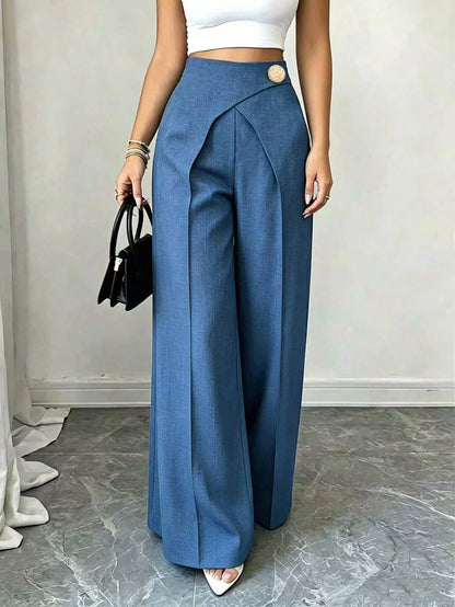 GlowEve Women's Dark Blue Summer Elegant Office Pants,Faux Denim Fabric Overlapping 2 In 1 Design,Metal Buckle Decor,Side Zipper,Casual Chic Commuter Wear