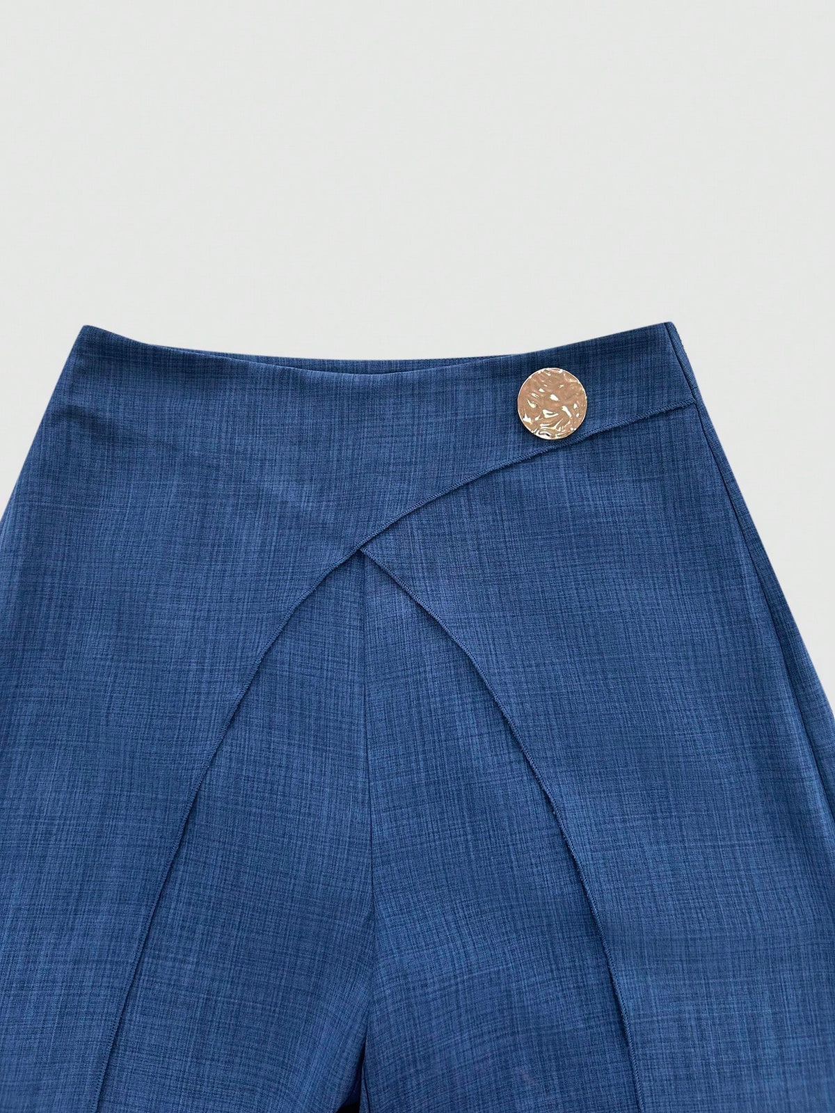 GlowEve Women's Dark Blue Summer Elegant Office Pants,Faux Denim Fabric Overlapping 2 In 1 Design,Metal Buckle Decor,Side Zipper,Casual Chic Commuter Wear