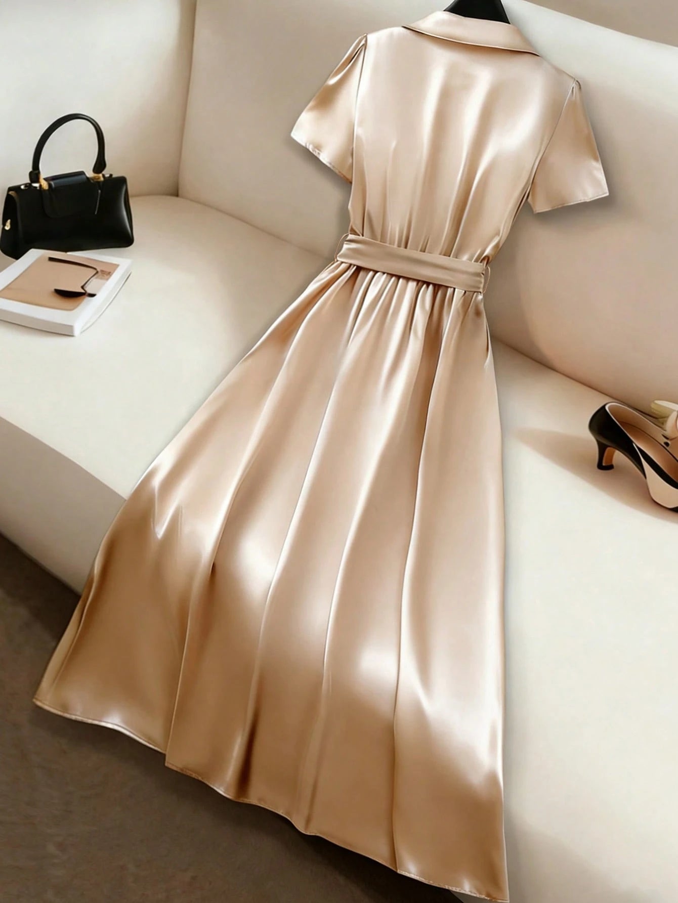 GlowEve Women's Elegant Commuter Crossed Collar Short Sleeve Midi Dress, Summer