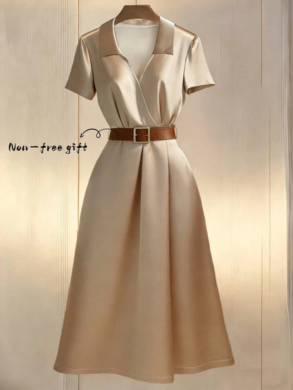 GlowEve Women's Elegant Commuter Crossed Collar Short Sleeve Midi Dress, Summer