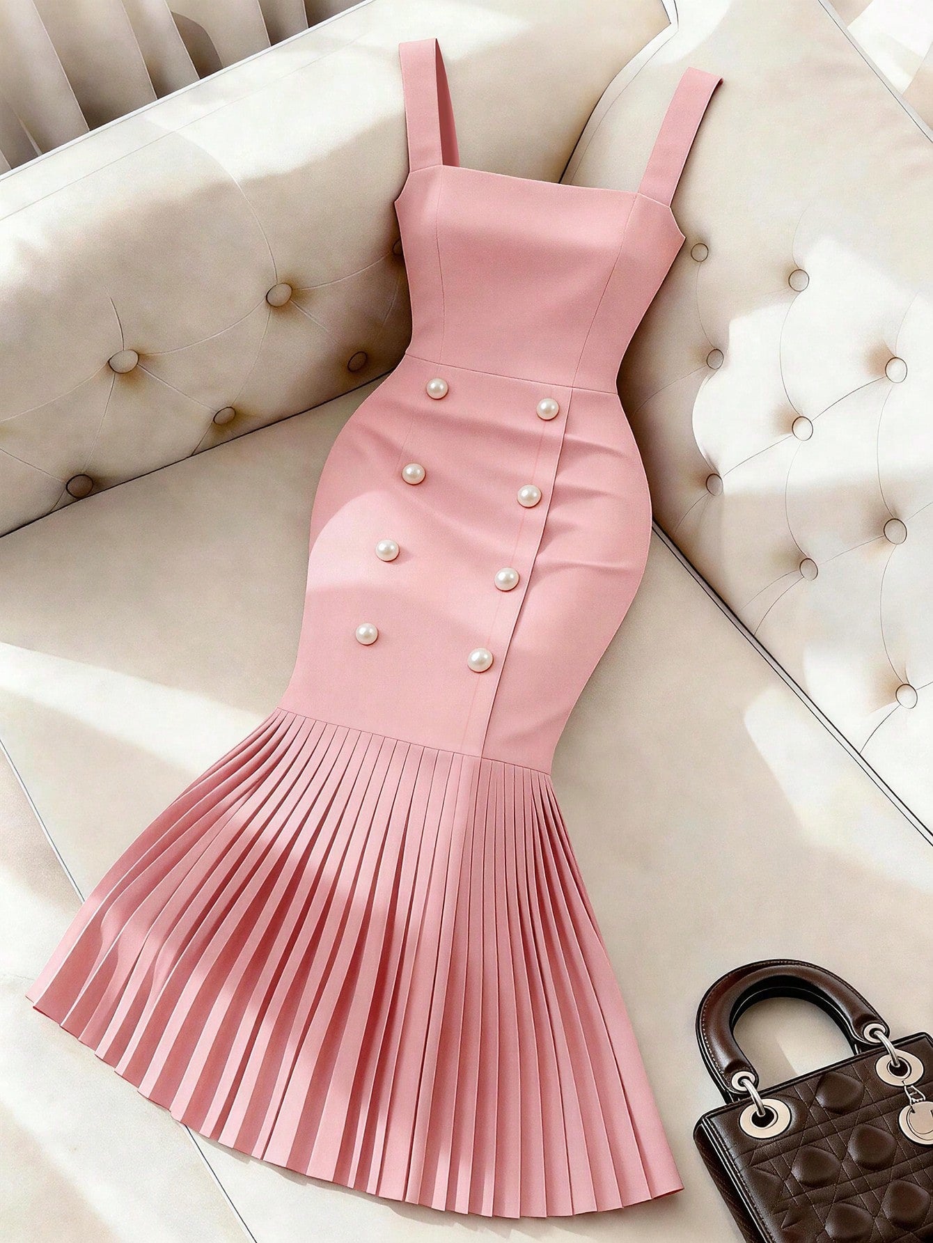 GlowEve Women's Fashion New Square Neck Sleeveless Camisole Waist Shaping Sexy Fitted Pearl Button Decor Pleated Hem Dress, Women's Bodycon Dress, Summer Women's Dress, Women's Elegant Formal Dress, W