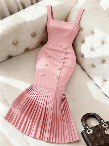 GlowEve Women's Fashion New Square Neck Sleeveless Camisole Waist Shaping Sexy Fitted Pearl Button Decor Pleated Hem Dress, Women's Bodycon Dress, Summer Women's Dress, Women's Elegant Formal Dress, W