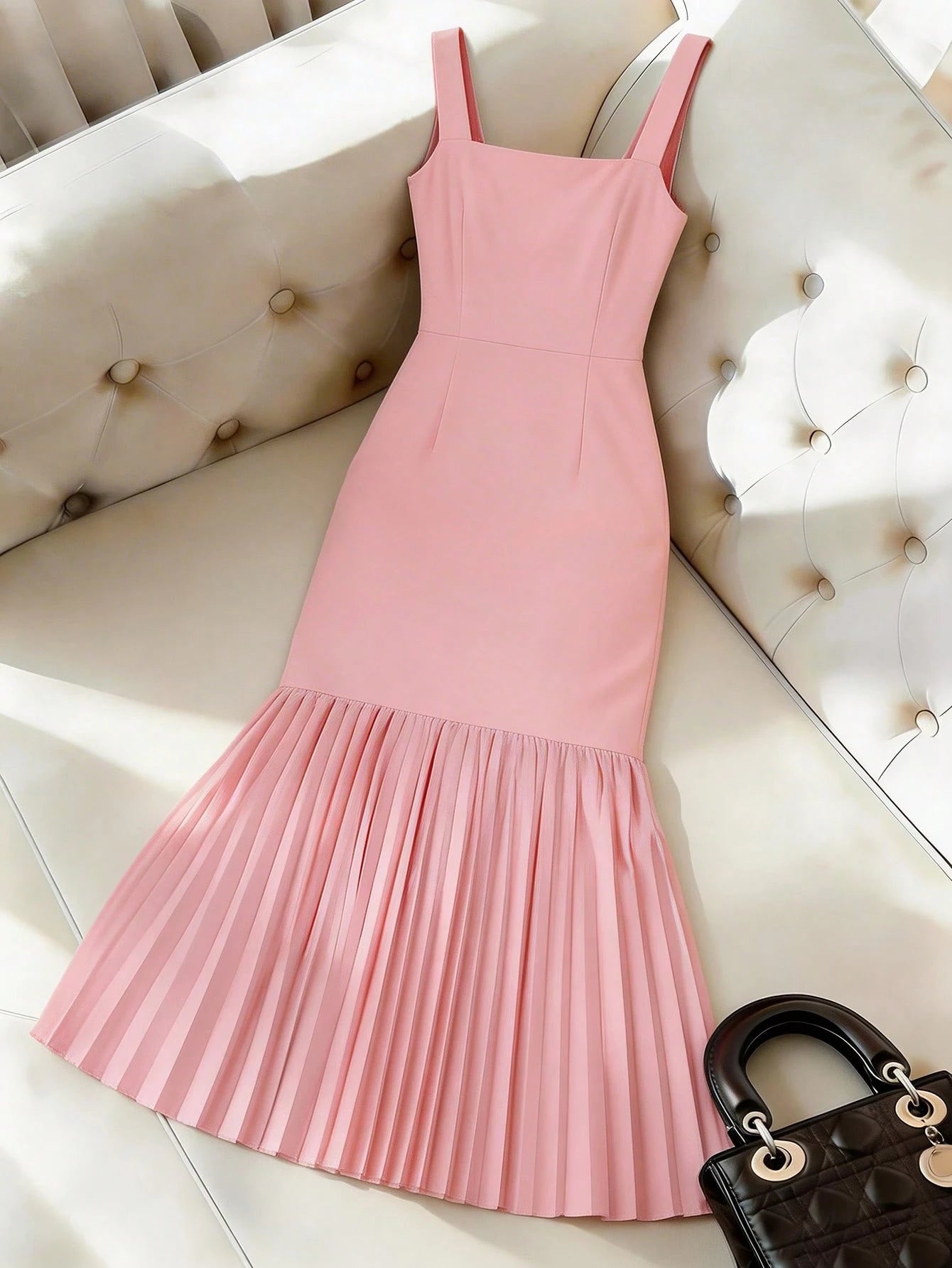 GlowEve Women's Fashion New Square Neck Sleeveless Camisole Waist Shaping Sexy Fitted Pearl Button Decor Pleated Hem Dress, Women's Bodycon Dress, Summer Women's Dress, Women's Elegant Formal Dress, W
