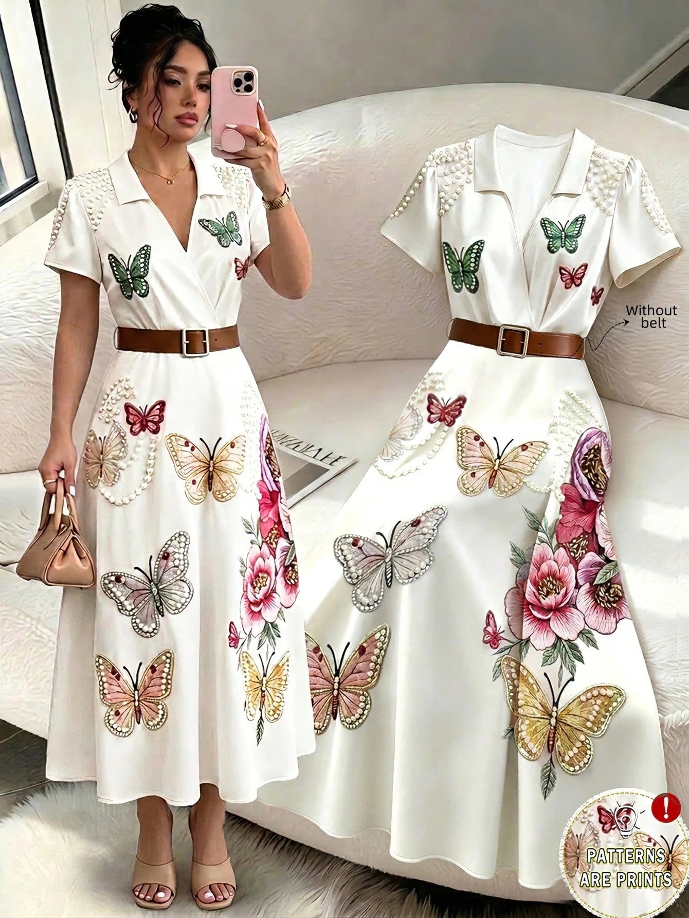 GlowEve Women's Floral Print Elegant Mid-Length Short Sleeve Dress, Summer
