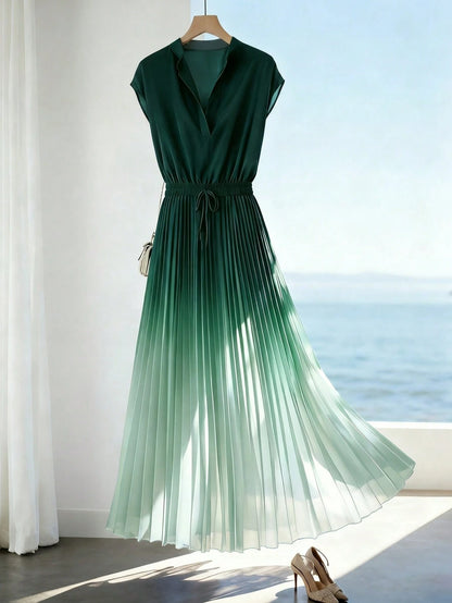 GlowEve Women's Ombre Pleated Hem A-Line Dress,Dark Green,Summer,Elegant,Holiday,Vacation,Holiday,Sleeveless Waist Cinched French Vintage Mid-Length Party