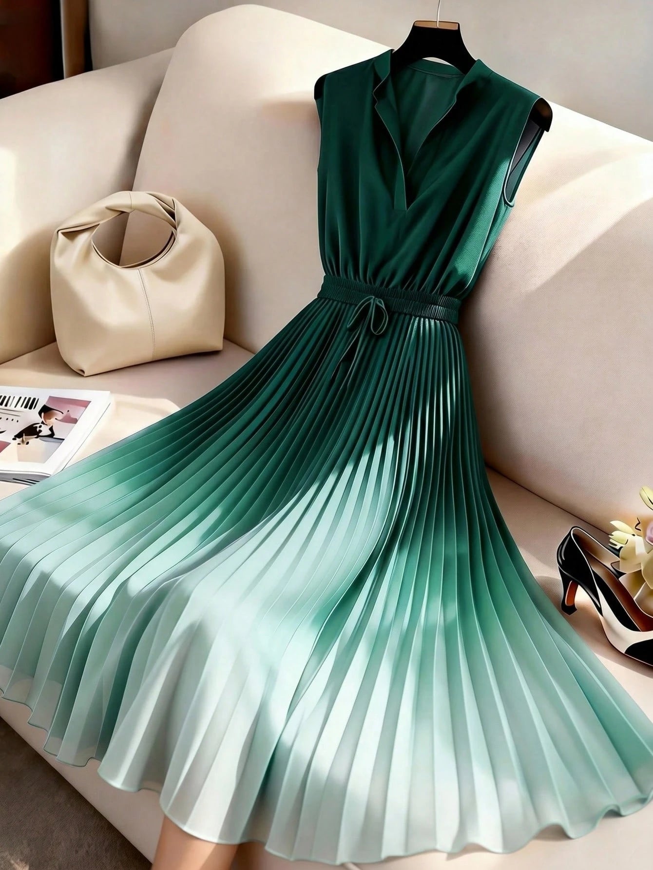 GlowEve Women's Ombre Pleated Hem A-Line Dress,Dark Green,Summer,Elegant,Holiday,Vacation,Holiday,Sleeveless Waist Cinched French Vintage Mid-Length Party