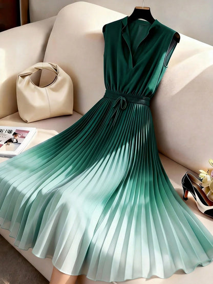 GlowEve Women's Ombre Pleated Hem A-Line Dress,Dark Green,Summer,Elegant,Holiday,Vacation,Holiday,Sleeveless Waist Cinched French Vintage Mid-Length Party